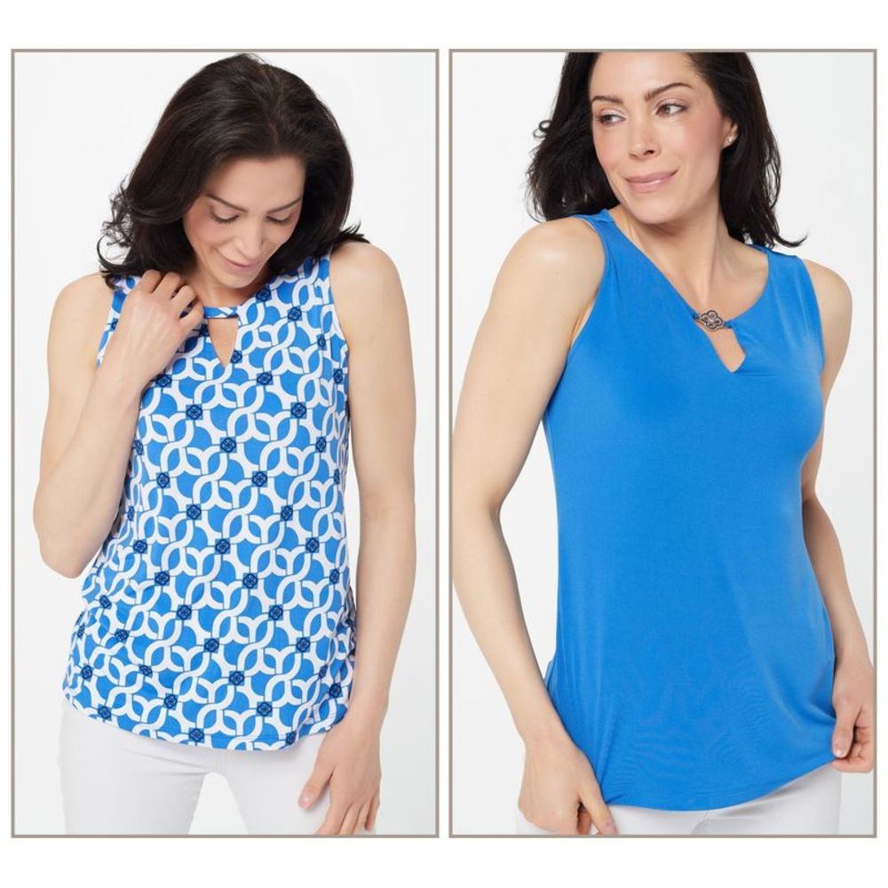 Susan Graver Women's Top Sz S Print & Solid  Liquid Knit Tank Tops Blue A397432